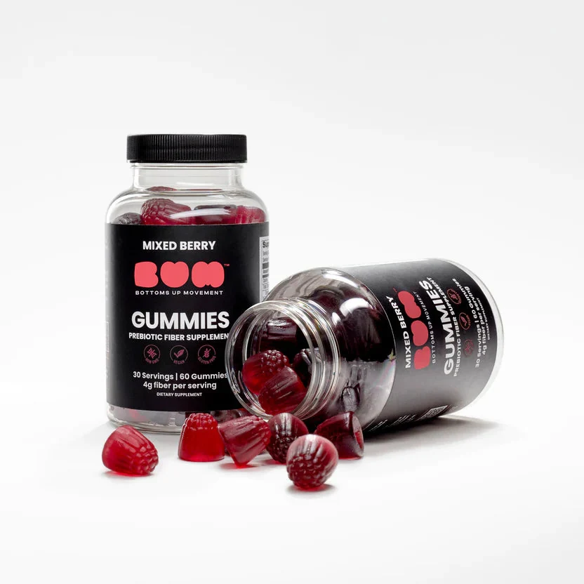 BUM mixed berry fiber gummies beside their packaging